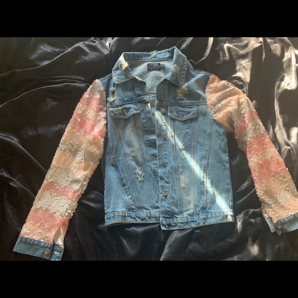 R3hab Denim Jacket with Sequined Sleeves